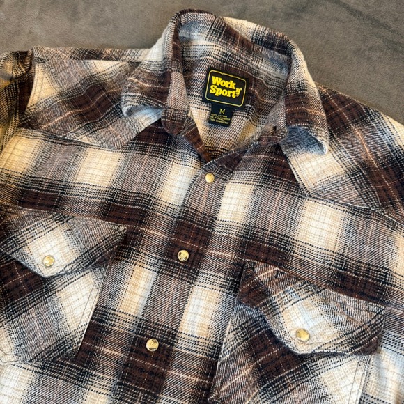 Work n Sport Other - Work n Sport Brown Plaid Heavy Flannel Pearl Snap Western Shirt Mens Medium